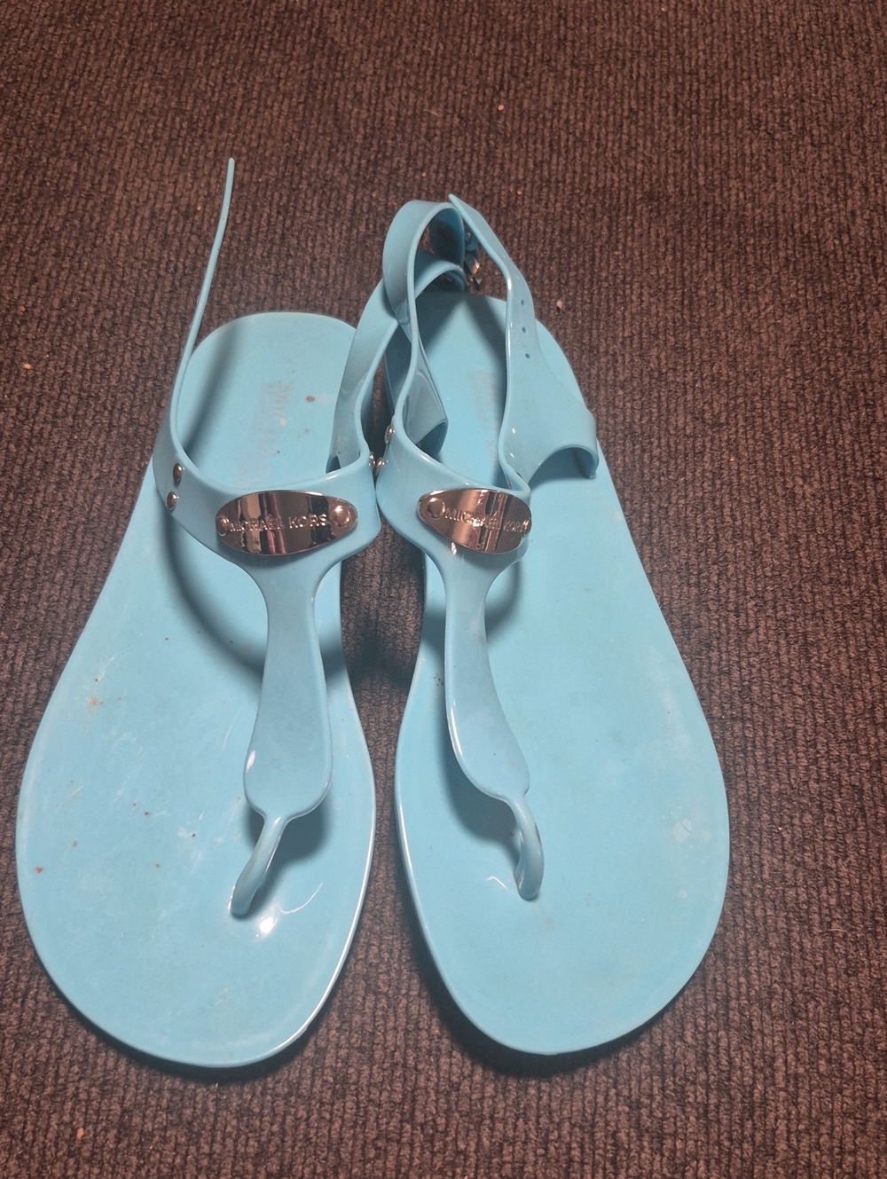 Michael Kors Light Blue Jelly Thong Sandals with Silver Logo Plate